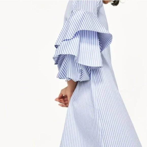 Zara Basic Stripe Shift Dress with Frilled Sleeves M - Picture 2 of 9